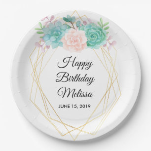 Modern Pink & Green Succulents Watercolor Birthday Paper Plate