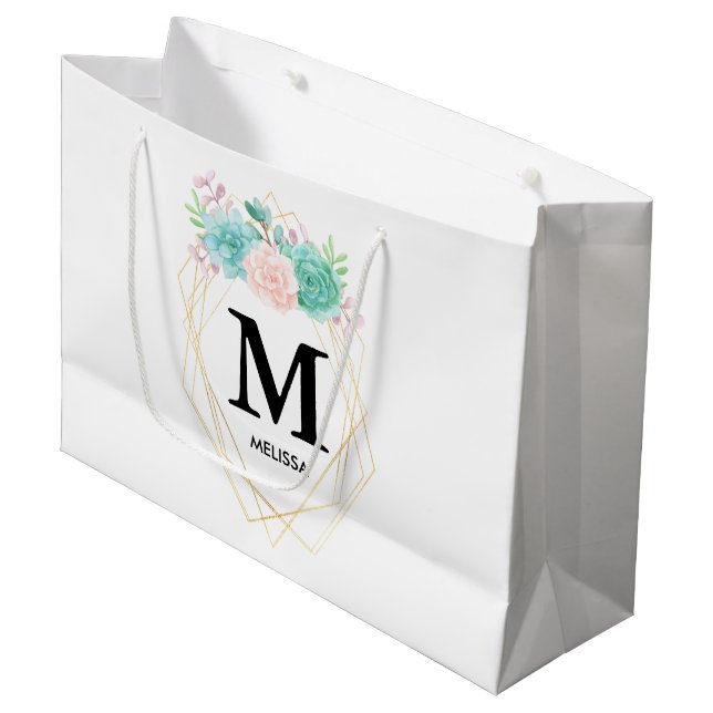 Modern Pink & Green Succulents Watercolor Monogram Large Gift Bag (Front Angled)
