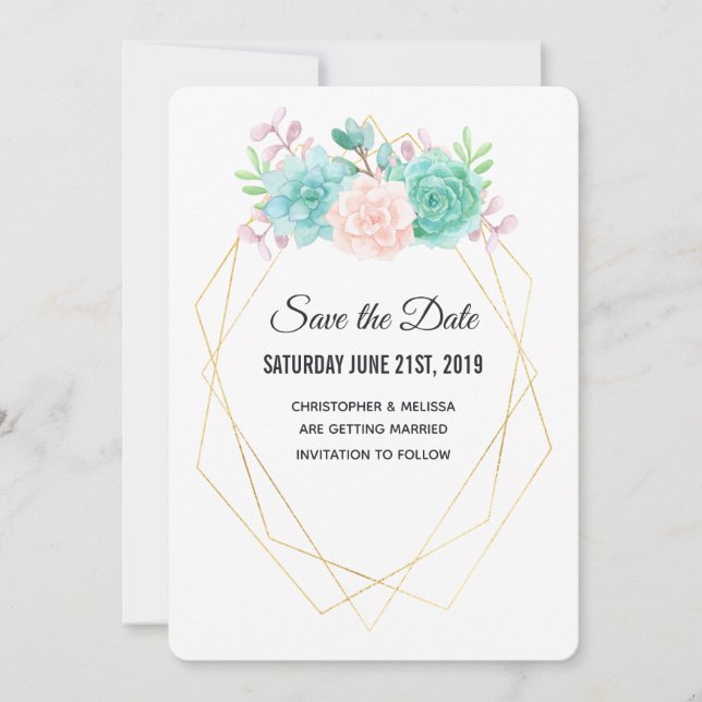 Modern Pink & Green Succulents Watercolor Wedding Save The Date (Front)