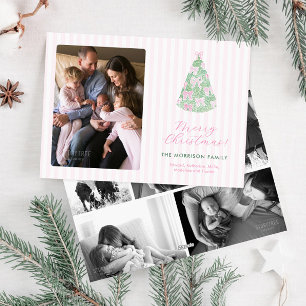 Modern Pink Green Watercolor Bows Christmas Photo Holiday Card