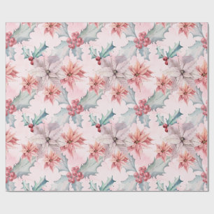 Modern Pink Green Watercolor Poinsettia Pattern Wrapping Paper