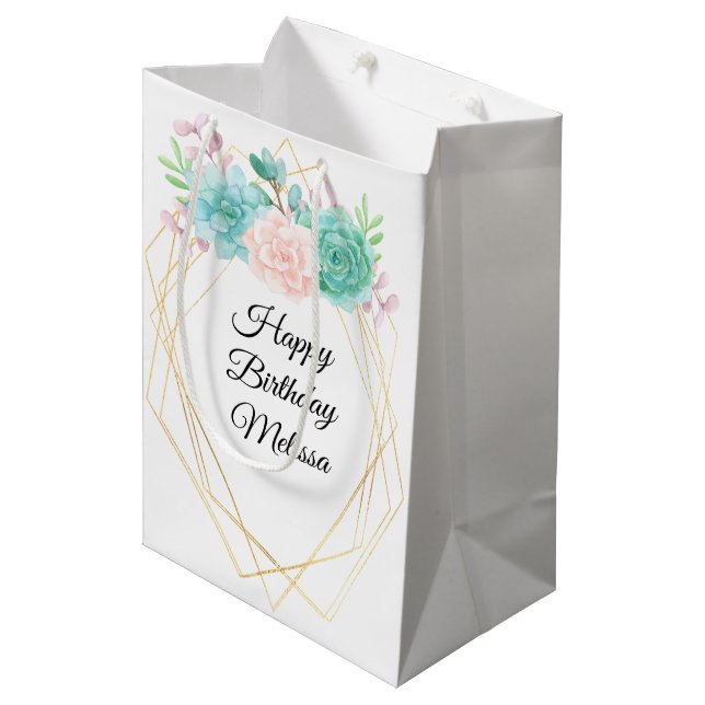 Modern Pink & Green Watercolor Succulents Birthday Medium Gift Bag (Front Angled)