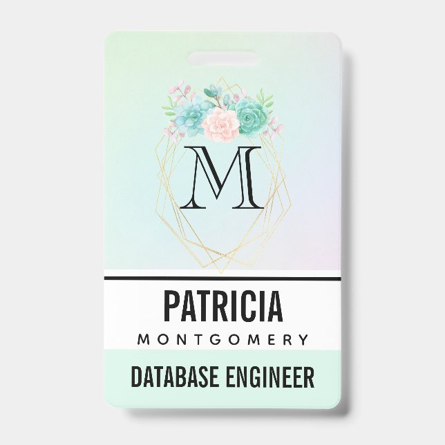 Modern Pink & Green Watercolor Succulents ID Badge (Front)