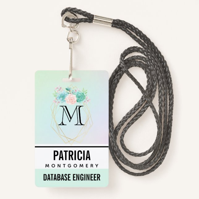 Modern Pink & Green Watercolor Succulents ID Badge (Front with Lanyard)