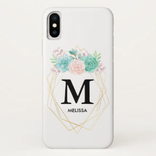 Modern Pink & Green Watercolor Succulents Monogram iPhone X Case