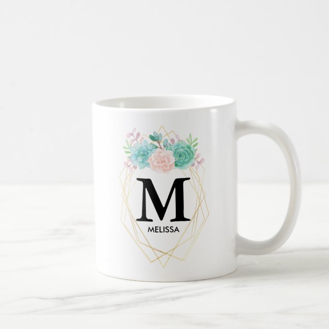 Modern Pink & Green Watercolor Succulents Monogram Coffee Mug (Right)
