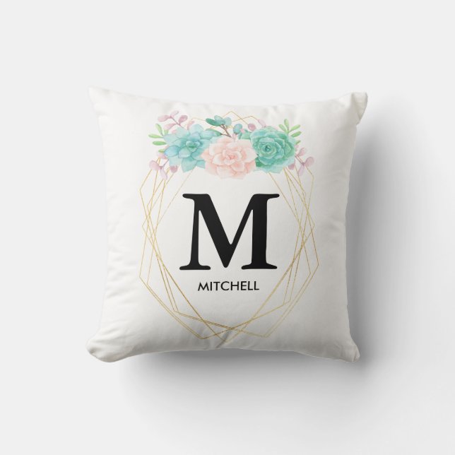 Modern Pink & Green Watercolor Succulents Monogram Cushion (Front)