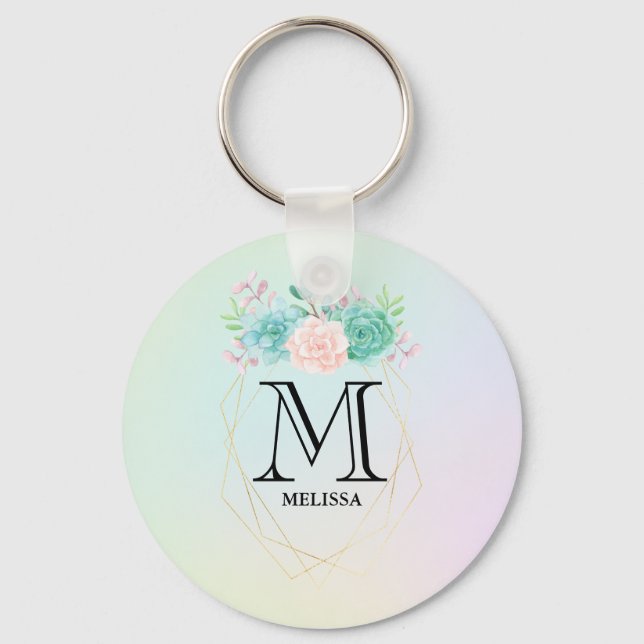 Modern Pink & Green Watercolor Succulents Monogram Key Ring (Front)