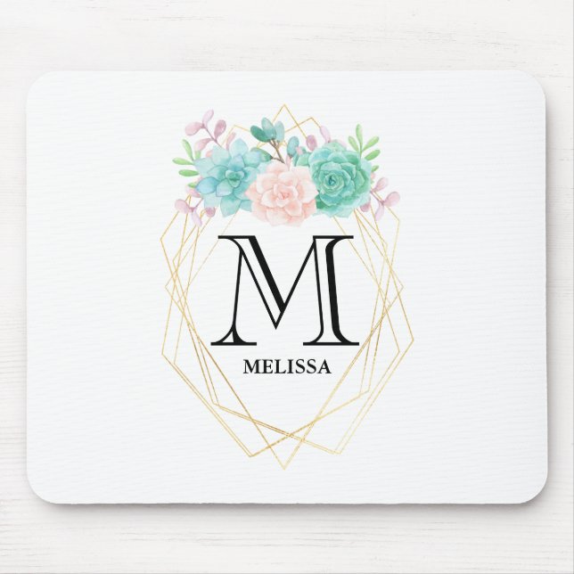 Modern Pink & Green Watercolor Succulents Monogram Mouse Mat (Front)