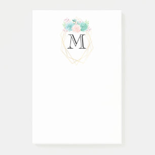 Modern Pink & Green Watercolor Succulents Monogram Post-it Notes