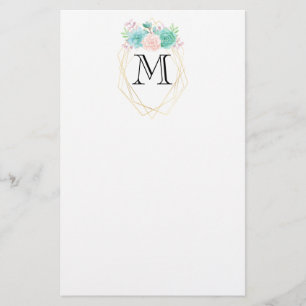 Modern Pink & Green Watercolor Succulents Monogram Stationery