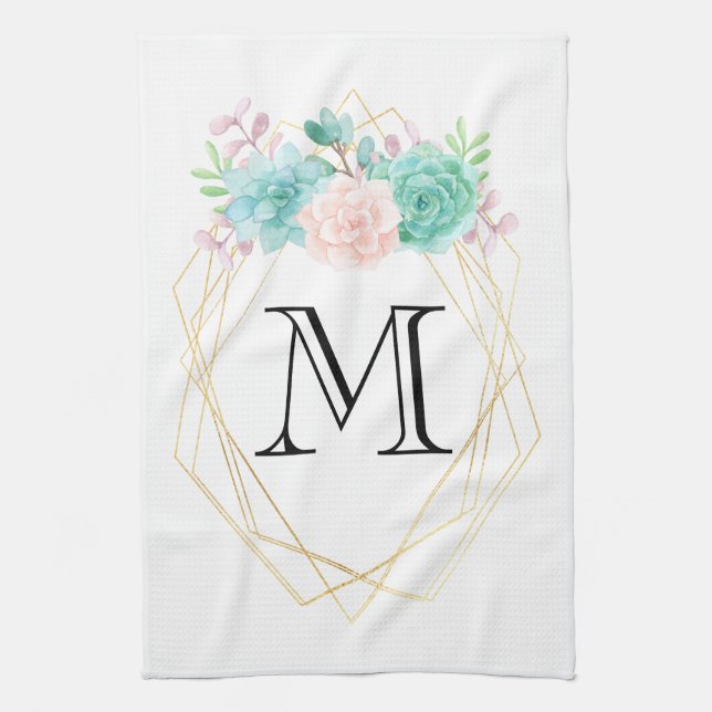 Modern Pink & Green Watercolor Succulents Monogram Tea Towel (Vertical)
