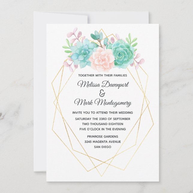 Modern Pink & Green Watercolor Succulents Wedding Invitation (Front)