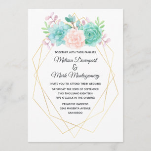 Modern Pink & Green Watercolor Succulents Wedding Invitation