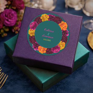 Modern pink green yellow floral  classic round sticker