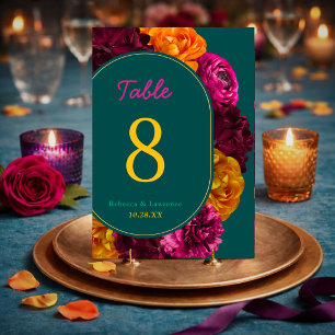 Modern pink green yellow floral table number