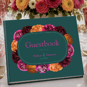 Modern pink green yellow floral wedding guest book