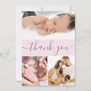 Modern Pink Grey Baby Girl Photo Collage Script Thank You Card