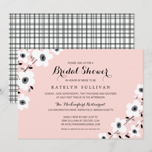 Modern Pink Grey Black Anemone | Bridal Shower Invitation (Front/Back)