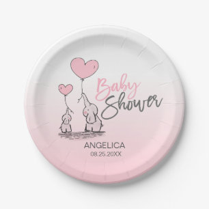 Modern Pink Grey Blue Elephant GIRL Baby Shower Paper Plate