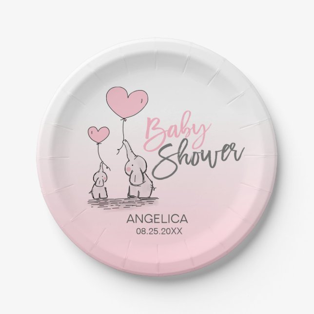 Modern Pink Grey Blue Elephant GIRL Baby Shower Paper Plate (Front)