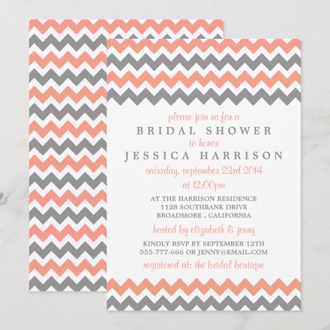 Modern Pink & Grey Chevron Bridal Shower Invitation (Front/Back)
