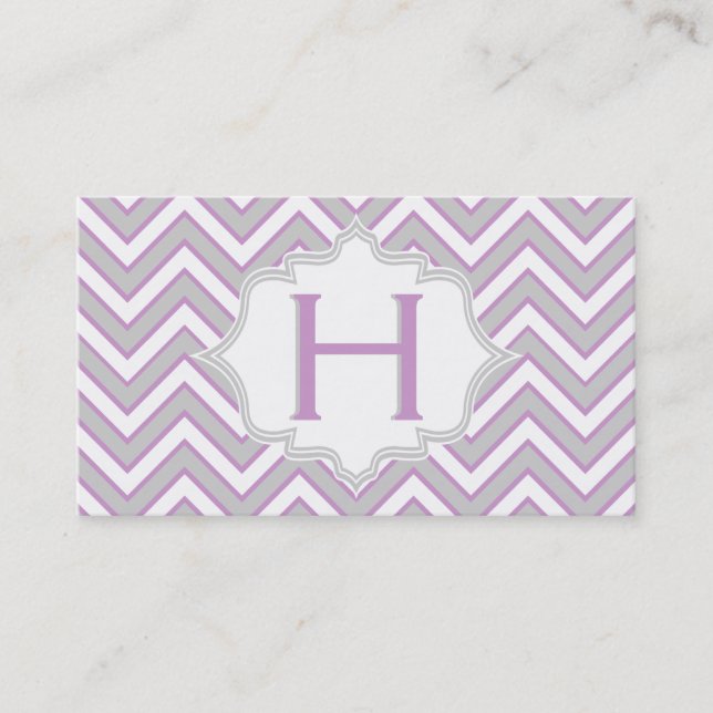 Modern pink, grey chevron monogram personalised business card (Front)