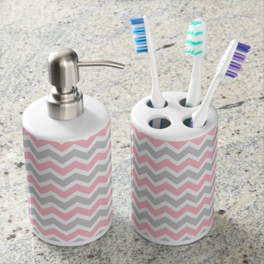 Modern Pink Grey Chevron Zigzag Bath Decor Soap Dispenser And Toothbrush Holder Zazzle Co Uk