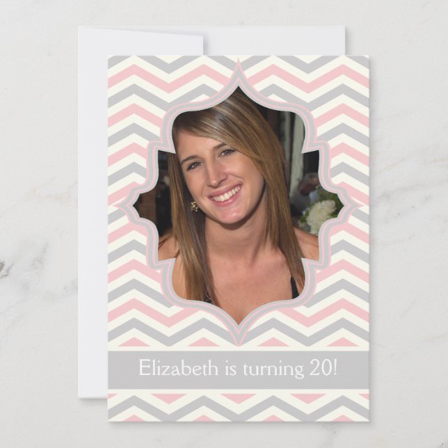 Modern pink, grey chevron zigzag birthday photo invitation (Front)