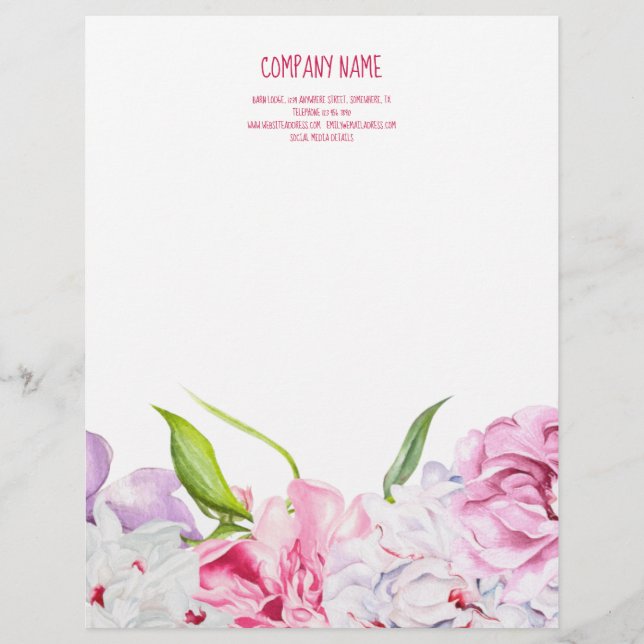 Modern Pink Grey Florals Custom Letterhead (Front)