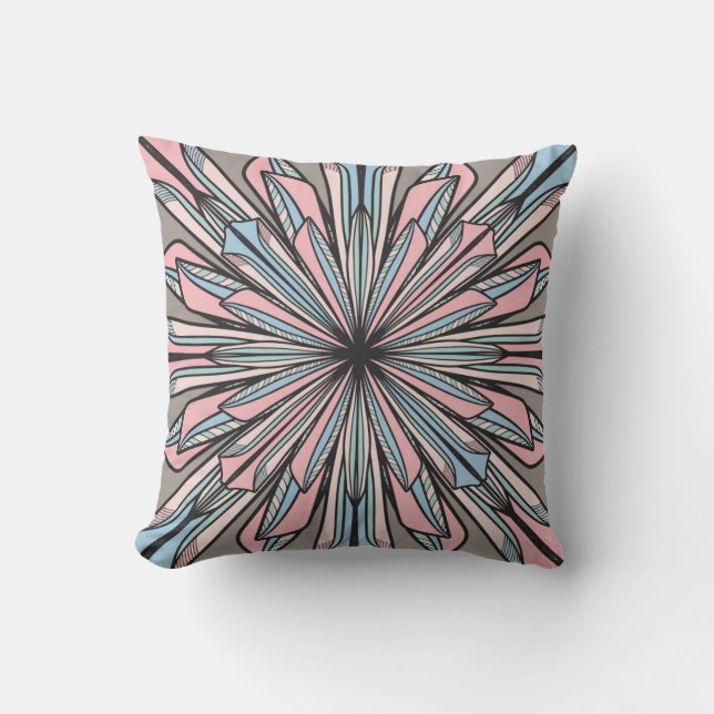 Modern Pink Grey Geometric Abstract Flower Drawing Cushion (Front)