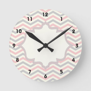 Modern pink, grey, ivory chevron pattern custom round clock