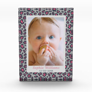 Modern Pink Grey Leopard Print Baby Photo Block