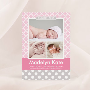Modern Pink Grey Pattern Baby Girl Photo Birth Announcement