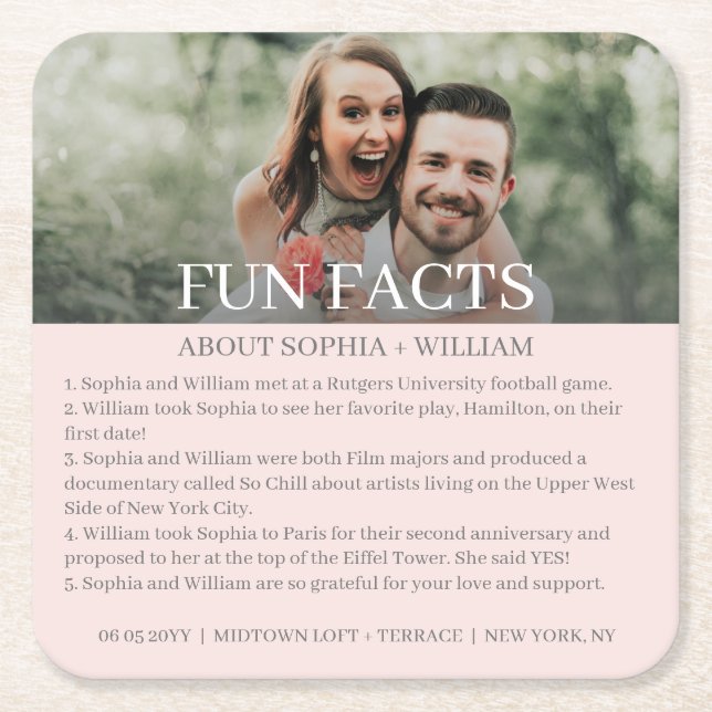 Modern Pink Grey Photo Fun Facts Wedding Square Paper Coaster (Front)