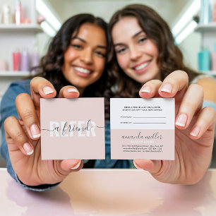 Modern pink grey refer a friend script signature referral card