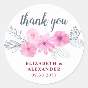Modern pink grey watercolor flowers spring thanks classic round sticker