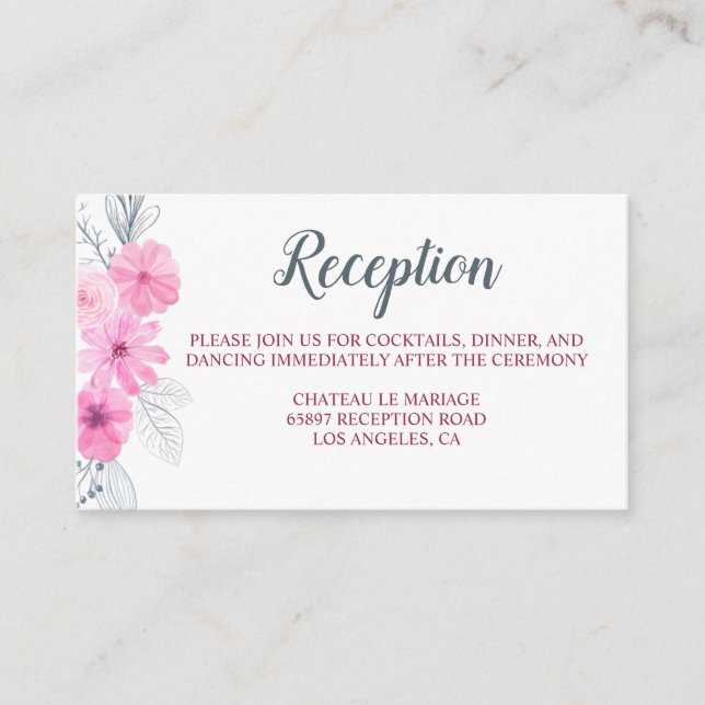 Modern pink grey watercolor flowers spring wedding enclosure card (Front)