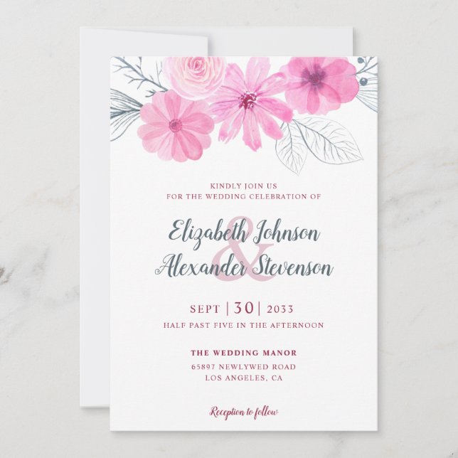 Modern pink grey watercolor flowers spring wedding invitation (Front)