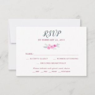 Modern pink grey watercolor flowers spring wedding RSVP card