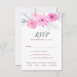 Modern pink grey watercolor flowers spring wedding RSVP card