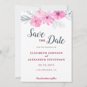 Modern pink grey watercolor flowers spring wedding save the date