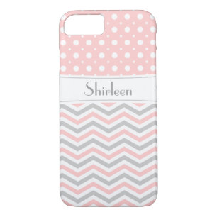 Modern pink, grey, white chevron & polka dot iPhone 8/7 case