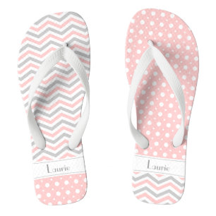 Modern pink, grey, white chevron & polka dot flip flops