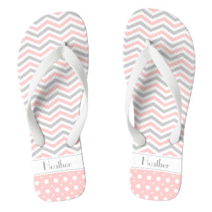 Modern pink, grey, white chevron & polka dot flip flops