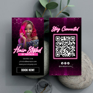 Modern Pink Hair Salon Qr Code Social Media Business Card