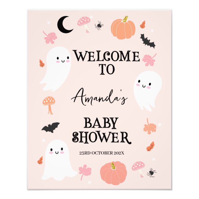 Modern Pink Halloween Baby Shower Welcome Sign (Front)