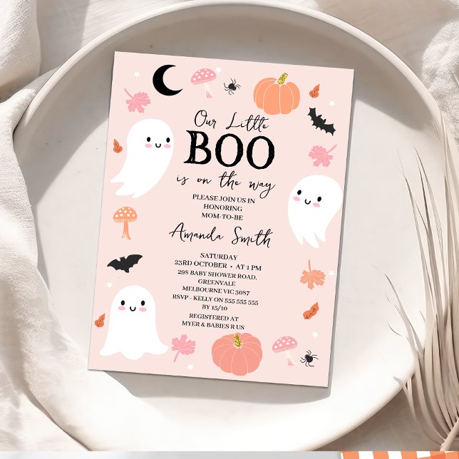 Modern Pink Halloween Little Boo Baby Shower  Invitation (Pink Halloween Baby Shower Invitation, Girl Little boo baby Shower Invitation, Ghosts Our little Boo)