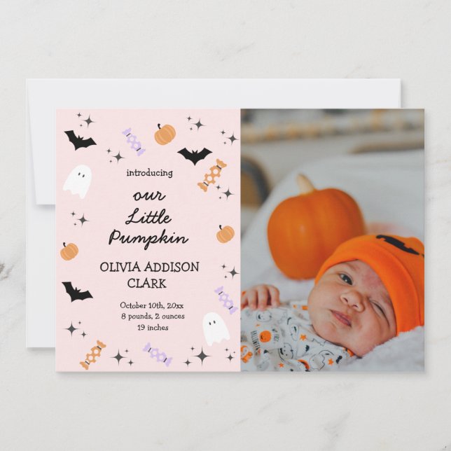 Modern Pink Halloween Little Pumpkin Birth Announcement (Front)