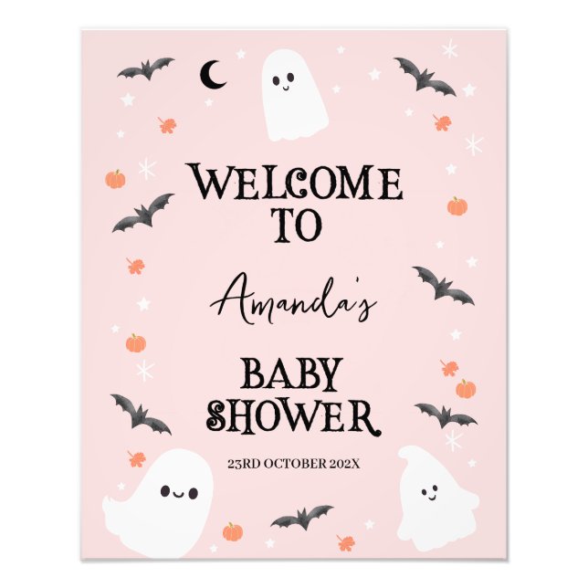 Modern pink Halloween Welcome Baby Shower Sign  (Front)